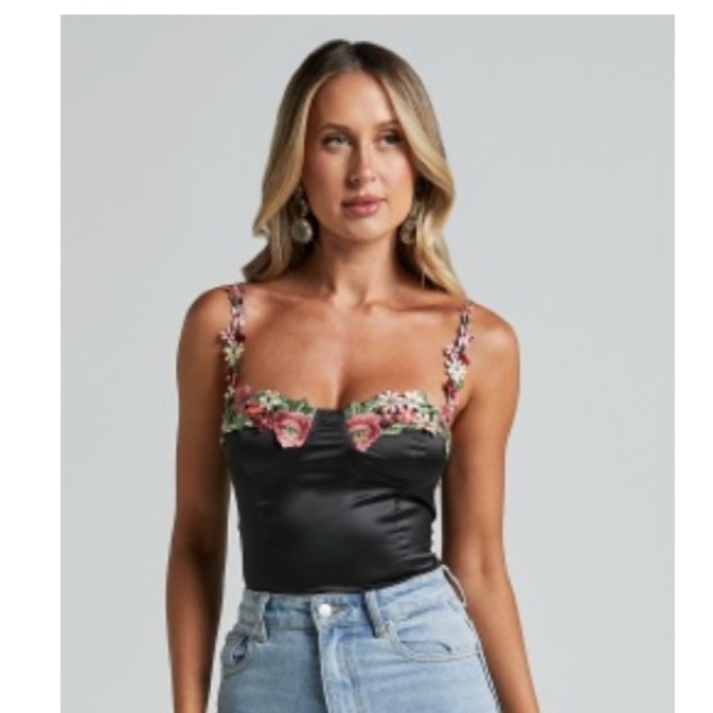 Showpo black bustier top with floral detailing around bodice